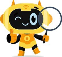 AI Robot Chat Bot Cartoon Character Looking Through A Magnifying Glass vector