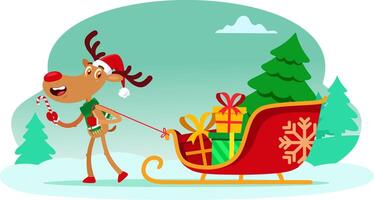 Funny Reindeer Cartoon Character Pulls A Sleigh With Gift Boxes And A Christmas Tree vector