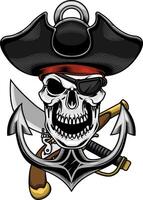 Pirate Skull With Sabre And Gun Over Anchor In Ropes. Graphic Logo Design vector