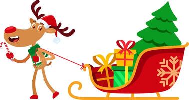 Funny Reindeer Cartoon Character Pulls A Sleigh With Gift Boxes And A Christmas Tree vector