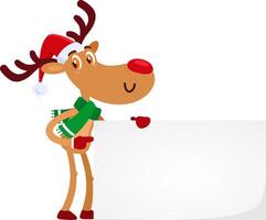 Funny Christmas Reindeer Cartoon Character Pointing To Blank Sign vector
