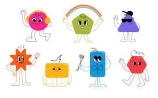 Set of geometric shapes characters with different emotions. Flat illustration of rectangle triangle circle trapezoid mascots with doodle elements. Abstract characters with funny faces vector
