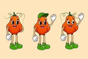 set of pumpkin characters in retro cartoon style in groovy style. Pumpkin character with different emotions, pumpkin character in a green cap vector