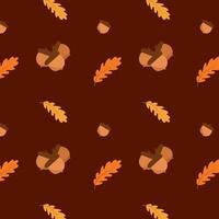 Autumn pattern. Seamless background with autumn oak leaves and acorns. Set seasonal geometric textures. Colorful cartoon illustration in flat design. Abstract wallpaper. Flat vector