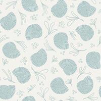 Sea shell pattern in light green and white colors. Summer, beach, coastal vibes repeat pattern. Sea life background. Ocean fashion monochrome design. vector