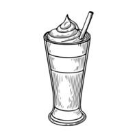 Cappuccino or latte in a glass with whipped cream. Hand-drawn sketch vector