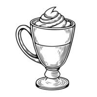 Cappuccino or latte in a glass with whipped cream. Hand-drawn sketch vector