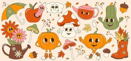 Collection of 70s groovy autumn fall elements. Retro sticker set. Cute mushroom, pumpkin, teapot, apple characters. vector