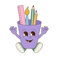 Groovy retro cute stationary stand character. Back to school sticker in 70s 80s style. vector