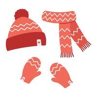 Winter set accessories in red color. Hat, scarf, and mittens with scandinavian pattern. Cartoon flat illustration vector