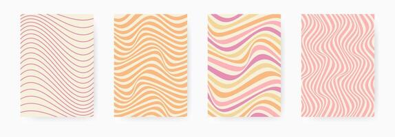 Groovy abstract psychedelic colorful wavy poster set. Rainbow texture pattern 60s-70s for social media. Y2K hippie retro design vector
