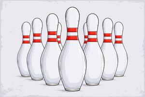 Hand drawn set of white bowling pins with red stripes ready to strike isolated on white background vector