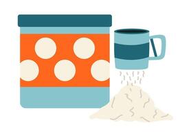 Mug for sifting wheat flour and storage. Iron Soviet container in circles. Sieve with handle, baking powder. Products and tools for cooking in the kitchen. Ingredient. Grocery. illustration vector