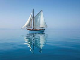 Sailboat with white sails reflecting on calm blue ocean water under clear sky. Peaceful and serene scene of wooden sailing boat floating in open sea. Travel concept. Ai generation photo
