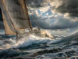 Sailboat battling rough ocean waves during storm with dramatic clouds in sky. Dynamic scene of wooden sailing vessel navigating through turbulent waters. Ai generation. photo
