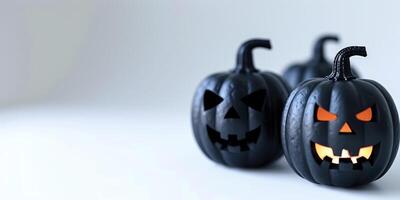 Row of black jack-o-lanterns with carved faces, one glowing with orange light on white background with copy space. Halloween pumpkins with sinister expressions in spooky, eerie setup. Ai generation photo