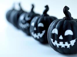 Row of black jack-o-lanterns with white carved smiling faces in blurred background. Halloween pumpkins with frosted texture and eerie expressions on cool toned background. Ai generation photo