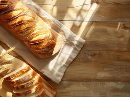 Freshly baked artisan bread loaves and sliced bread on wooden table with wheat stalks. Rustic bakery food scene. Flat lay composition with copy space for design and print. Ai generation photo