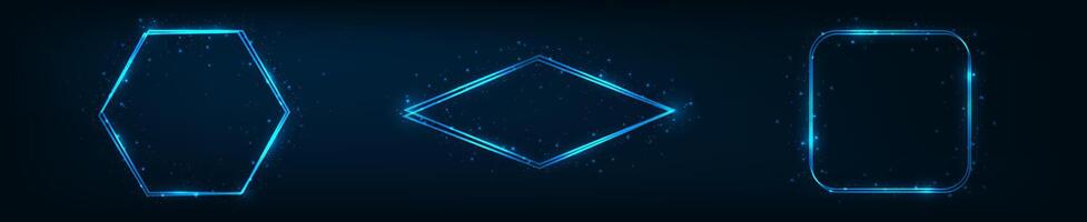 Set of three neon double frames with shining effects vector