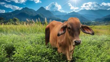 Close up image of cow set against grass field and mountains background. photo