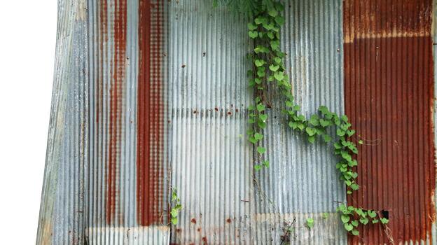 An image of corrugated zinc with rust patches, displaying the textured surface and weathered appearance. photo