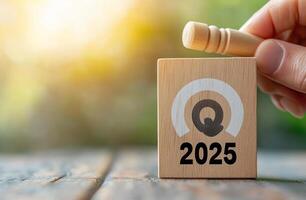 2025 wooden block with target icon new year business strategy concept photo