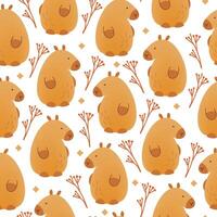Capybara with flowers and leaves seamless pattern on white background. illustration of cute cartoon animals.Kids print in flat style with mesh gradient. vector