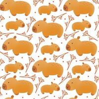 Capybara with flowers seamless pattern on white background. illustration of cute cartoon animals.Kids print in flat style with mesh gradient. Cute character design. vector