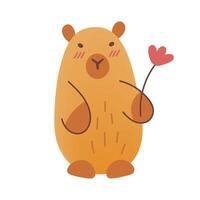 Cute kawaii hand draw capybara with flower isolated on white background.Childish,kids print. illustration. Cartoon characters.Flat style with mesh gradient.Brown color. vector
