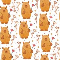 Capybara with flowers seamless pattern on white background. Capybara gives flower. illustration of cute cartoon animals.Kids print in flat style with mesh gradient. vector