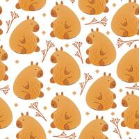Capybara sitting with flowers seamless pattern on white background. illustration of cute cartoon animals.Kids print in flat style with mesh gradient. vector