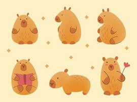 Cute hand draw capybara set on beige background.Childish,kids print. illustration. Cartoon characters. Capybara with flower, book. Siiting capybara.Flat style with mesh gradient. vector