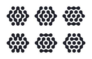 Abstract hexagon shapes. Metaball spotted graphic design elements, connected liquid molecule figures flat illustration set. Modern metaball icons vector