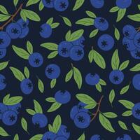 Blueberry branches seamless pattern. Juicy blueberries on twig endless design, fresh edible berries for healthy nutrition flat background illustration. Delicious forest berries pattern vector