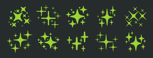 Shiny twinkling sparkles. Sparkle flashlights silhouettes, shiny glitter stars and sparkles flat illustration set. Flickering sparkles collection vector