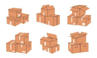 Moving boxes. Stacked cardboard boxes, cargo warehouse box piles, delivery containers stack flat illustration set. Hand drawn boxes collection vector