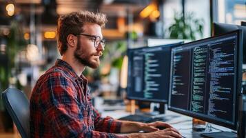 A man in a red plaid shirt is working on a computer with two monitors photo