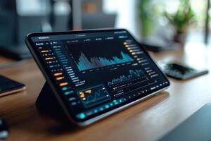 A tablet with a graph on it sits on a wooden table photo