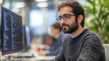 He is focused on his work and he is in a serious mood photo