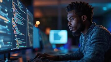 A man is sitting in front of a computer with a black beard photo