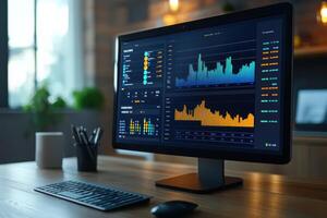 A computer monitor displays a graph of stock prices photo