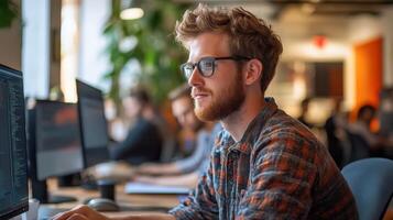 A man with glasses is sitting at a desk with a computer monitor in front of him photo