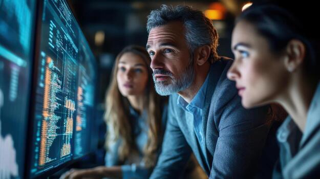Three people are looking at a computer screen with a lot of numbers and graphs photo