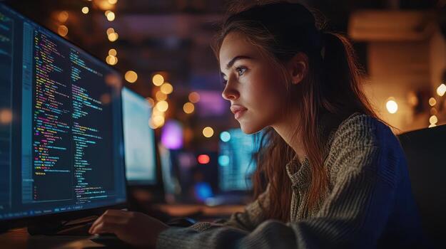 A woman is sitting in front of a computer monitor, typing on the keyboard photo
