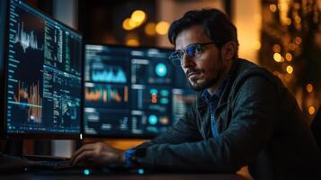 A man is sitting in front of two computer monitors photo