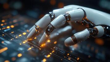 A robotic hand is touching a computer keyboard photo
