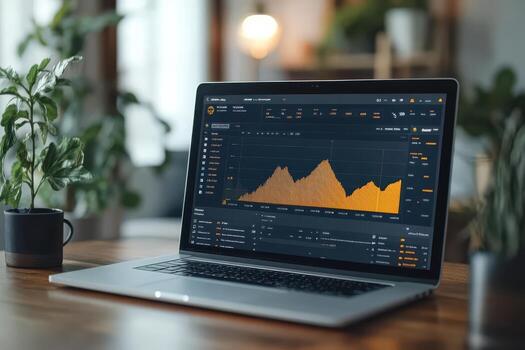 A laptop is open to a screen displaying a graph of stock prices photo