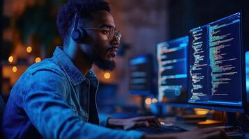 A man wearing glasses and headphones is working on a computer photo