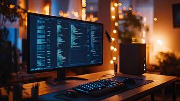 A computer monitor with a keyboard and mouse on a desk in a dimly lit room photo