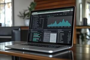 A laptop is open to a screen displaying a graph photo